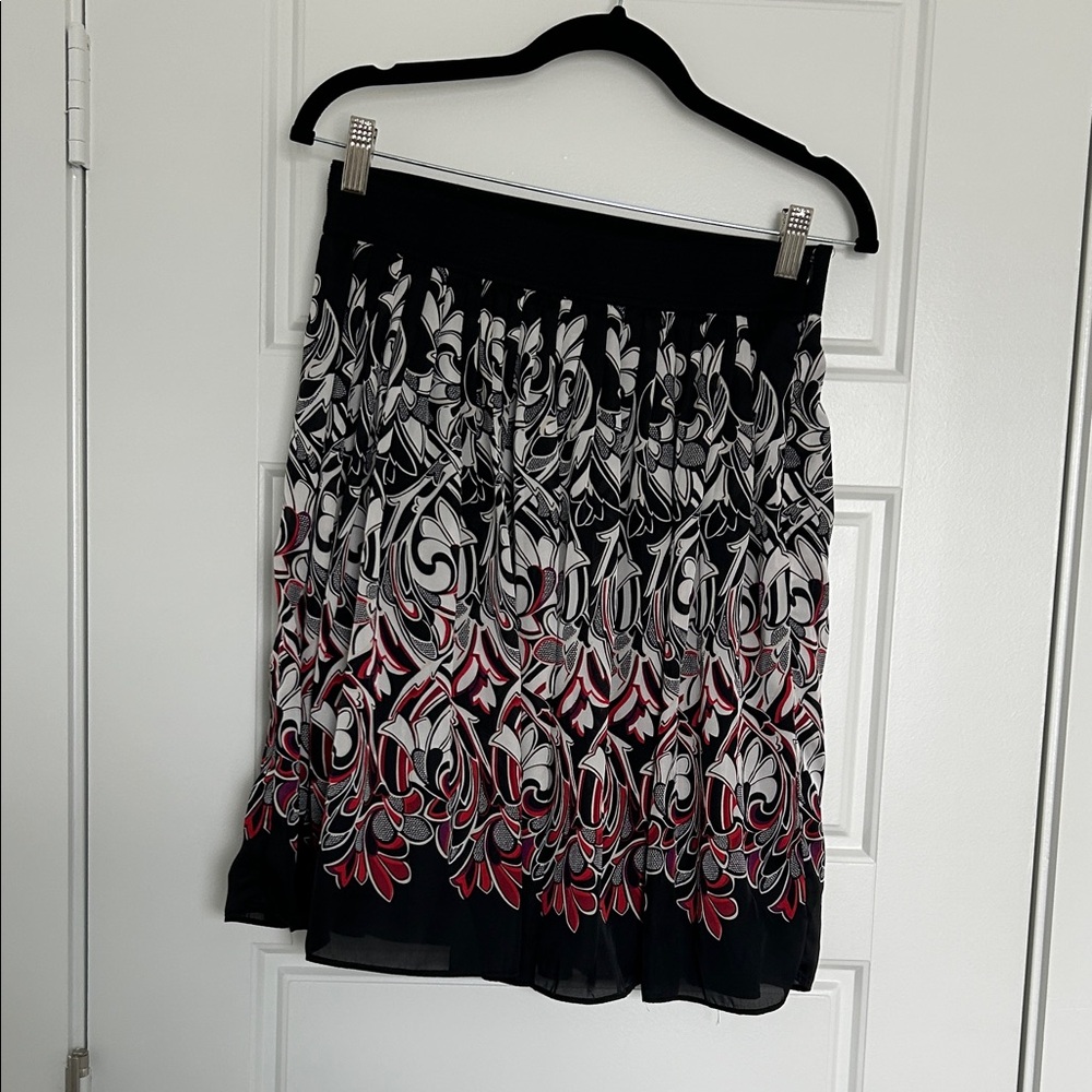 White House Black Market Black Midi Skirt with White and Red Floral Detail